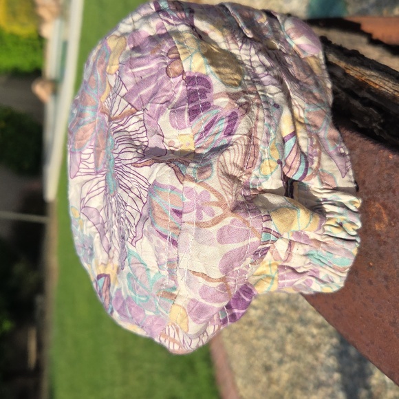 Purple Floral Hat 100% Cotton Elastic Back Purple Yellow Teal Cream Cadet Style - Picture 12 of 12